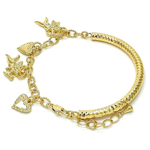 Gold Filled Charm Bracelet, Angel and Heart Design, Golden Tone