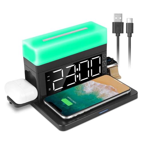 3-in-1 Fast Wireless Charger Dock with Alarm Clock, Dimmable Night Light - iPhone 14/13/12/11/Pro Ma