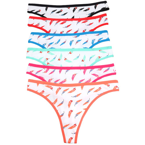 6-Pack Cotton Thong Panties With Feather Print Design