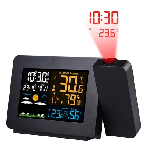 Wireless Weather Station with Atomic Projection Alarm Clock, Dual Alarms, and Outdoor Sensor