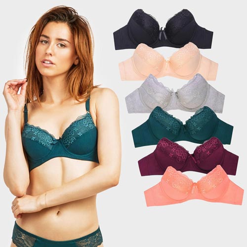 6 Pack Mamia Ladies Full Cup Plain Lace Cotton Bra