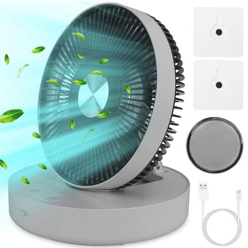 Foldable Rechargeable LED Desk Fan - Wall Mounted, Magnetic Remote, 4 Speeds, 2 Brightness, Time Set