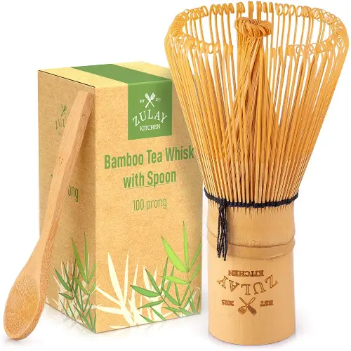 Zulay Traditional Matcha Whisk And Spoon - 100 Prong Bamboo Whisk For Ceremonial Tea Preparation