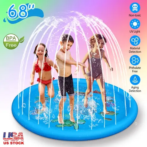 Sprinkler And Splash Pad For Kids 68In Inflatable Blow Up Pool Mat Summer Outdoor Water Toys