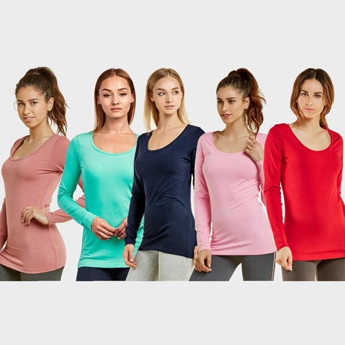 5 Pack Ladies Long Sleeve Round Neck T-Shirt