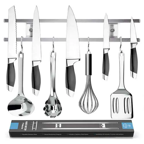 Wall Mount Stainless Steel Magnetic Knife Holder With Extra Hanging Hooks