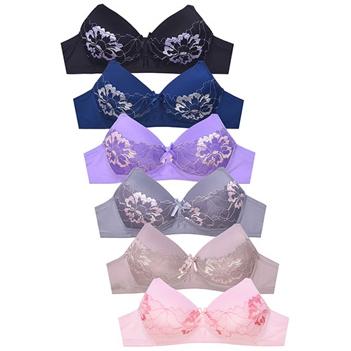 Ladies Plain Lace No Wire Bra Pack Of 6