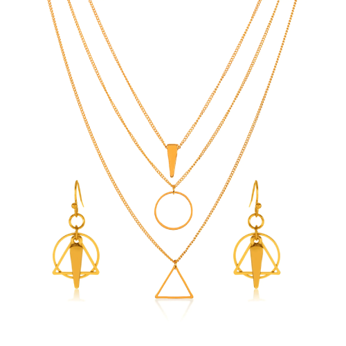Gold Tone Geometric Charm Necklace And Earrings Set