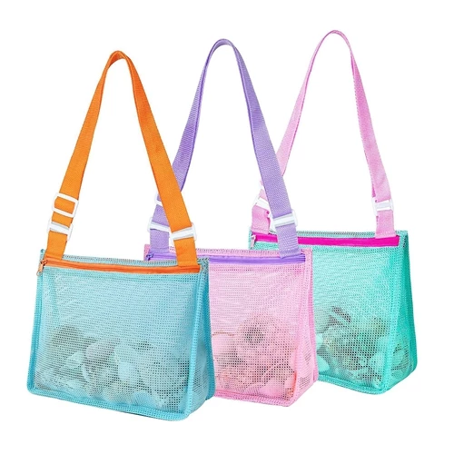 3pcs Beach Mesh Bags Seashell Sand Toys Collecting Tote Bags With Adjustable Straps For Boys Girls