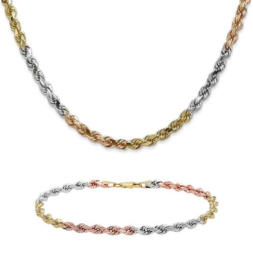 Italian 14K Tri-color Gold 4MM Diamond Cut Rope Chain Necklace