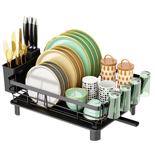 Kitchen Countertop Dish Drying Rack with Utensil Holder, Drain Board, And Storage Shelf