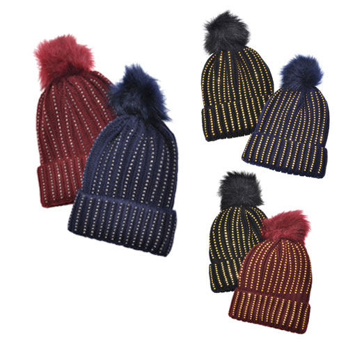 Pom-Pom Knit Beanies With Rhinestone Accent Design 2-Pack