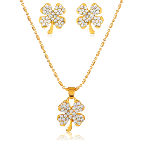 Crystal Clover Gold Tone Necklace And Earrings Set