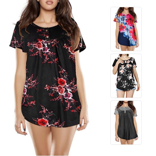 Women's Summer Shirts Tops Loose Short Sleeve T-Shirts Casual Floral Printed Button Shirts Blouse