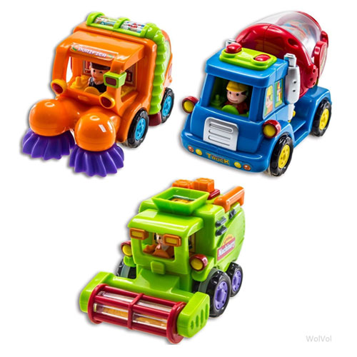 Wolvolk Set Of 3 Push And Go Friction Powered Working Trucks