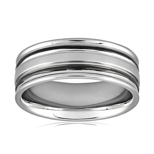 Men's Stainless Steel Polished Dual Grooved Ring 8MM