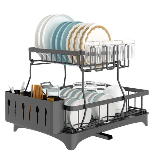 2-tier Dish Drying Rack With Detachable Drainboard Utensil Holder