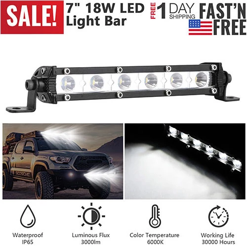 7" LED Spot Light Bar Single Row Offroad 18W Ultra Slim Straight For Trailer Truck Bus Boat