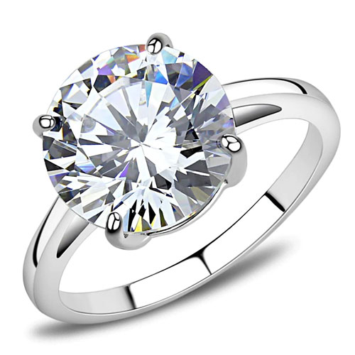 High Polished (No Plating) Stainless Steel Ring With AAA Grade CZ  In Clear-TK3428