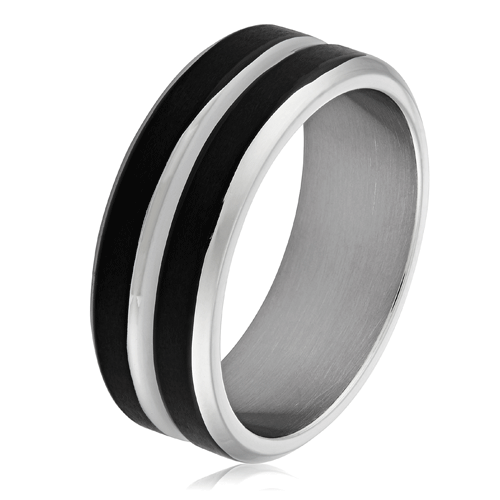 Men's Two-Tone Stainless Steel Black Striped Grooved Ring 8mm
