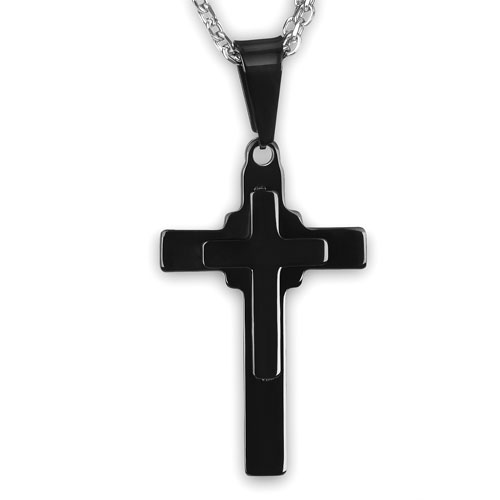 Men's Polished Black Plated Stainless Steel Layered Cross Pendant - 19"