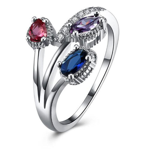 White Gold Multicolor Flower Ring For Women With Cubic Zirconia Stones
