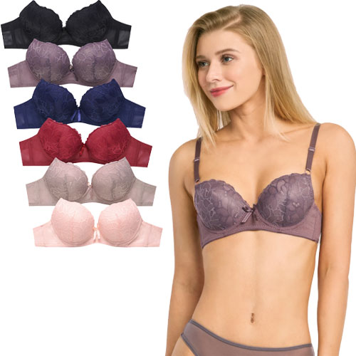 6 Pack Mamia Ladies Demi Cup Lace Push Up Bra