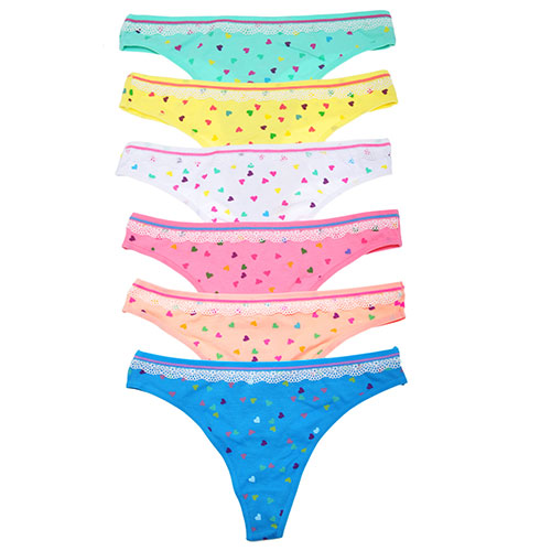 6-Pack Cotton Thong Panties With Heart Print Design