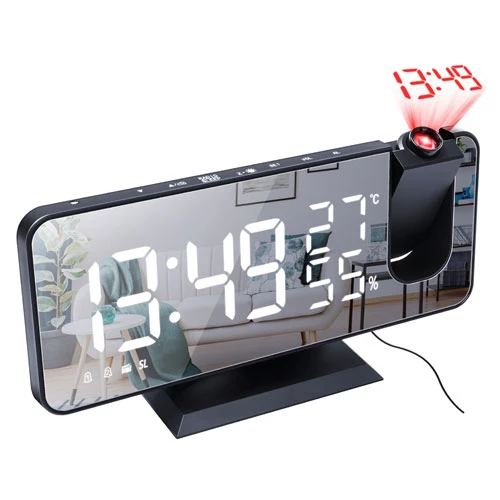 Mirror LED Projection Alarm Clock - Dual Alarms, USB Port, 4 Dimmer, 12/24 Hour