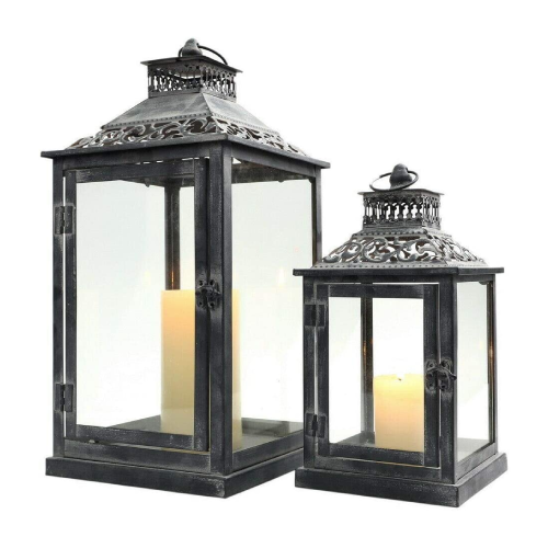 JHY DESIGN Set of 2 Antique Grey Brush Decorative Lanterns Metal Candle Lanterns for Indoor Outdoor