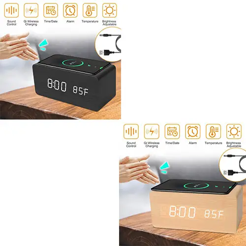 Digital Alarm Clock Qi-Wireless Charger Time Temperature Calendar Display Clock w/ Voice Control 