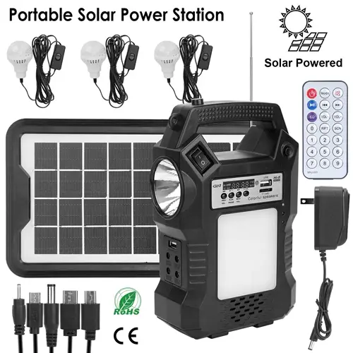 Portable Solar Power Station Rechargeable Backup Power Bank w/Flashlight 3 Lighting Bulbs