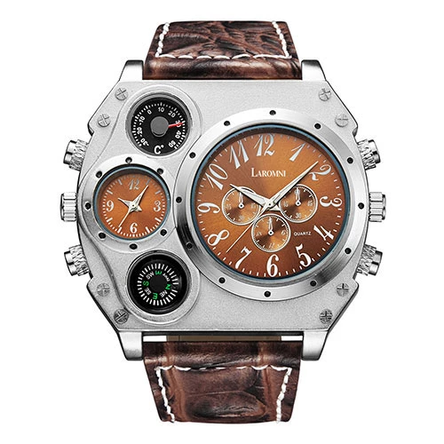 Men’s Quartz Watch Two Time Zone Big Face Military Style Compass Thermometer Decorative Dial PU Leat