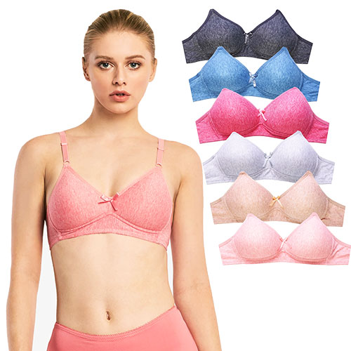 Ladies No Wire Plain Cotton Bra - 6 Pack