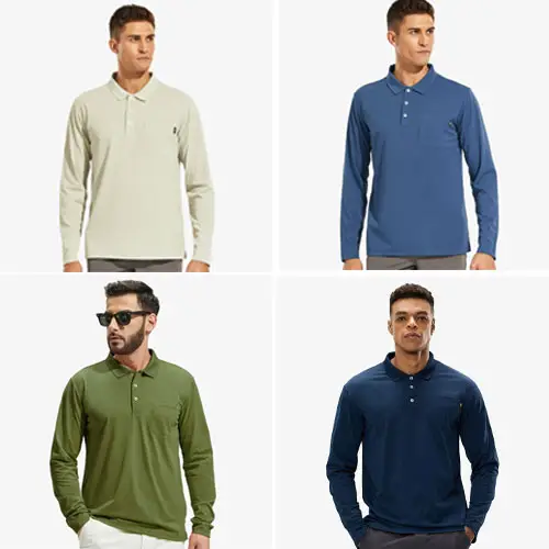 Men Long Sleeve Pocket Polo Shirt Quick Dry Collared Casual Shirt