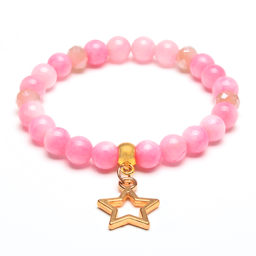 Star Charm Pink Jade Stone Bead Stretch Bracelet 8mm