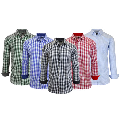 Men's Long Sleeve Slim Fitting Gingham Pattern Dress Shirts