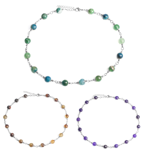 Natural Agate Stone Bead Stainless Steel Necklace