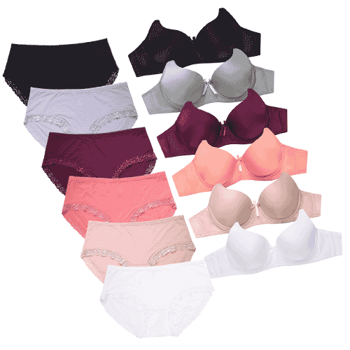 6 Pack Set Full Cup Plain Bra And Bikini Nylon Panty