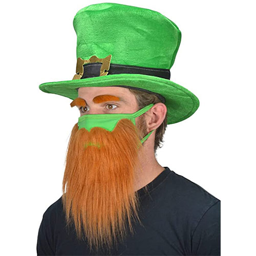 St Patricks Day Beard Face Mask and Green Hat Leprechaun Costume for Adults