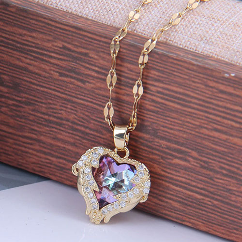 Gold Angel Wings Heart Crystal Necklace