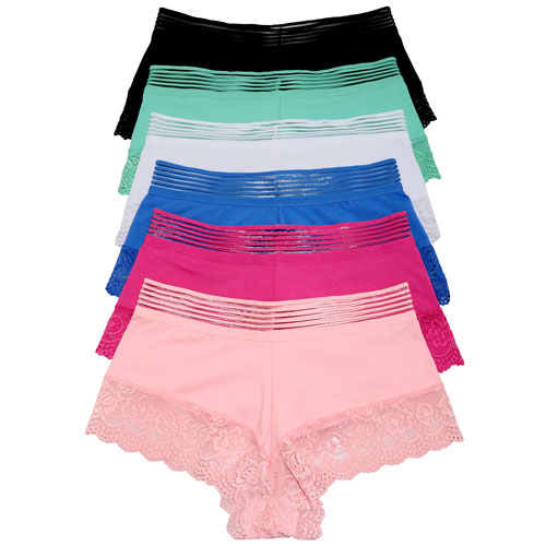 6-Pack Cotton Boyshort Panties With Leg Lace Accent