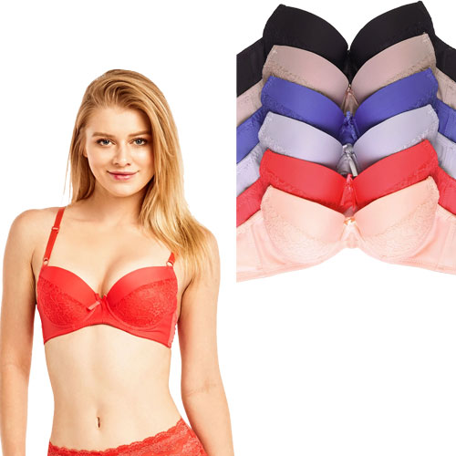 6 Pack Ladies Demi Cup Plain Lace Push Up Bra