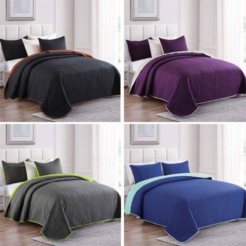 JML 3 Piece Reversible Bedspread with Pillow Shams Quilt Set (320GSM) - Reversible Plaid Design