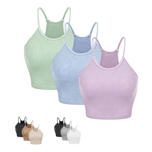 3 Pack Women Crop Basic Tank Top Ribbed Knit Sleeveless Round Neck 9 Color Machine Wash Summer Crop