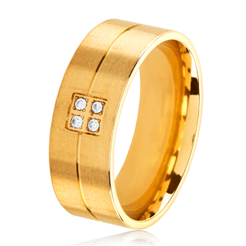 Men's Crystal Gold Plated Stainless Steel Crystal Grooved Comfort Fit Ring 8mm