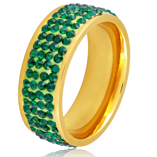 Women's Polished Green Crystal Stones Gold Plated Stainless Steel Ring 8mm