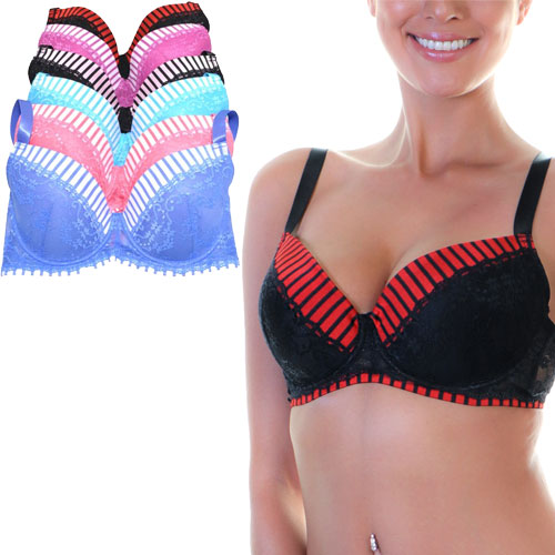 6 Pack Angelina Matching Wired, Extended Size Bras With Stripe Print