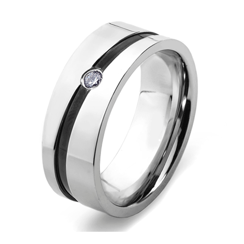 Cubic Zirconia Stainless Steel Black Stripe Wedding Band 8mm