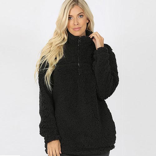 Solid Soft Sherpa Pullover Zip-Up Neck Pockets